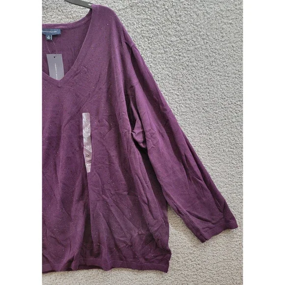 Tommy Hilfiger Plus Size Rhinestone Argyle Sweater Women's 3X Aubergine Pullover - Picture 6 of 15